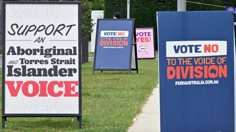 Campaign signs are seen outside the voting centre at Old Parliament House in Canberra, Australia, October 14, 2023. - Mick Tsikas/AAP Image/Reuters