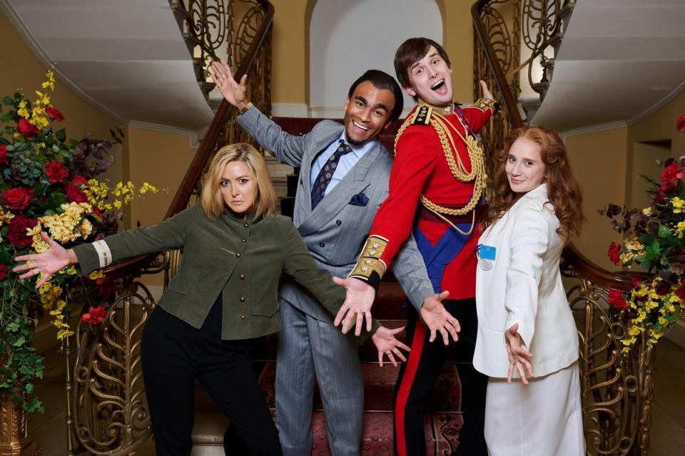 Kieran Hodgson poses alongside Munya Chawawa as Prince Charles, Jenny Bede as Andrew’s ex-wife Sarah ‘Fergie’ Ferguson, Emma Sidi as journalist Emily Maitlis (Channel 4)