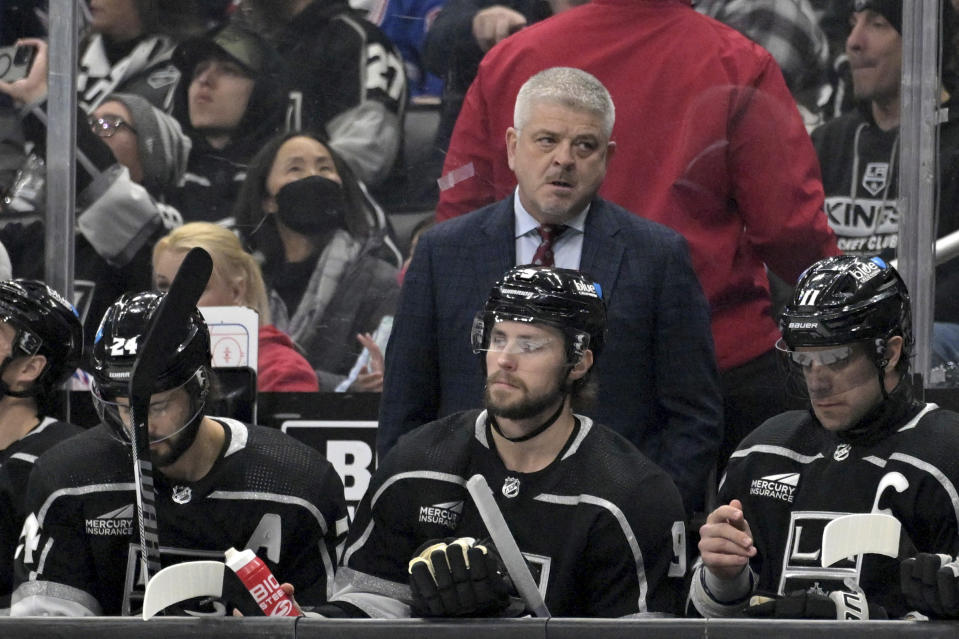 FILE - Los Angeles Kings head coach Todd McLellan looks on during the first period of an NHL hockey game against the New York Rangers on Saturday, Jan. 20, 2024, in Los Angeles. The Los Angeles Kings fired coach Todd McLellan on Friday, Feb. 2, 2024. and named Jim Hiller the interim coach for the rest of the season. (AP Photo/Jayne-Kamin-Oncea, File)
