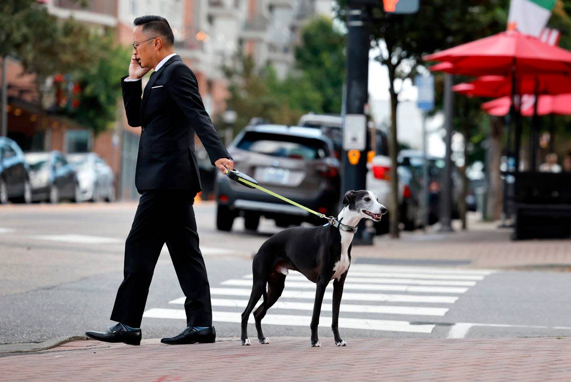 At 5:43 p.m., a dog walker prepares to cross W. North Street at Glenwood Avenue in the Glenwood South neighborhood of Raleigh, N.C., Friday, July 21, 2023.