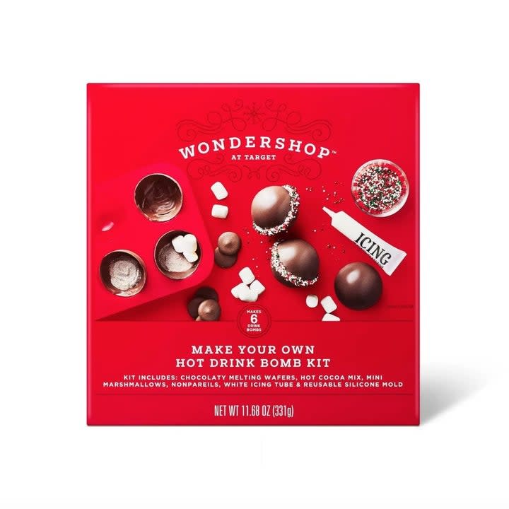 Wondershop Hot Drink Bomb Kit red packaging with chocolate on cover