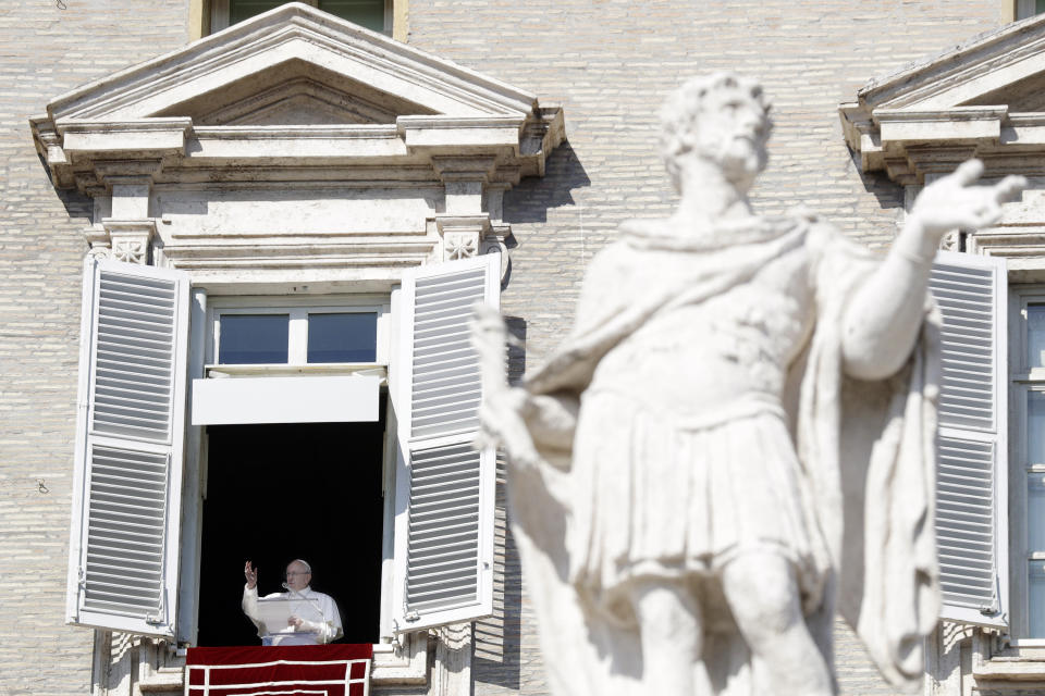 Pope Francis delivers his blessing during the Angelus noon prayer In St. Peter's Square at the Vatican, Sunday, Feb. 17, 2019. The pontiff is asking for prayers for this week's sex abuse summit at the Vatican, calling abuse an "urgent challenge of our time." (AP Photo/Gregorio Borgia)