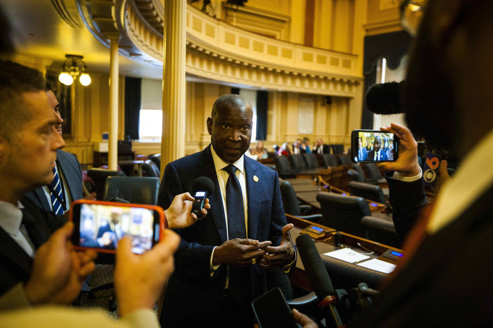 House Minority Leader Del. Don Scott Jr., D-Portsmouth, comments on the legislative agenda for 2023 session at the State Capitol Building in Richmond, Va. on Wednesday Jan. 11, 2023. (AP Photo/John C. Clark)