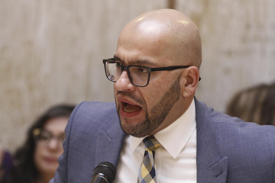 Democratic House Speaker Javier Martínez of Albuquerque speaks about stalled efforts to ensure paid family and medical leave at a news conference in the state Capitol building in Santa Fe, N.M., on Thursday, March 16, 2023. (AP Photo/Morgan Lee)