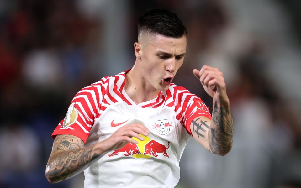 Benjamin Sesko celebrates scoring against SV Wehen Wiesbaden in the DFB Cup