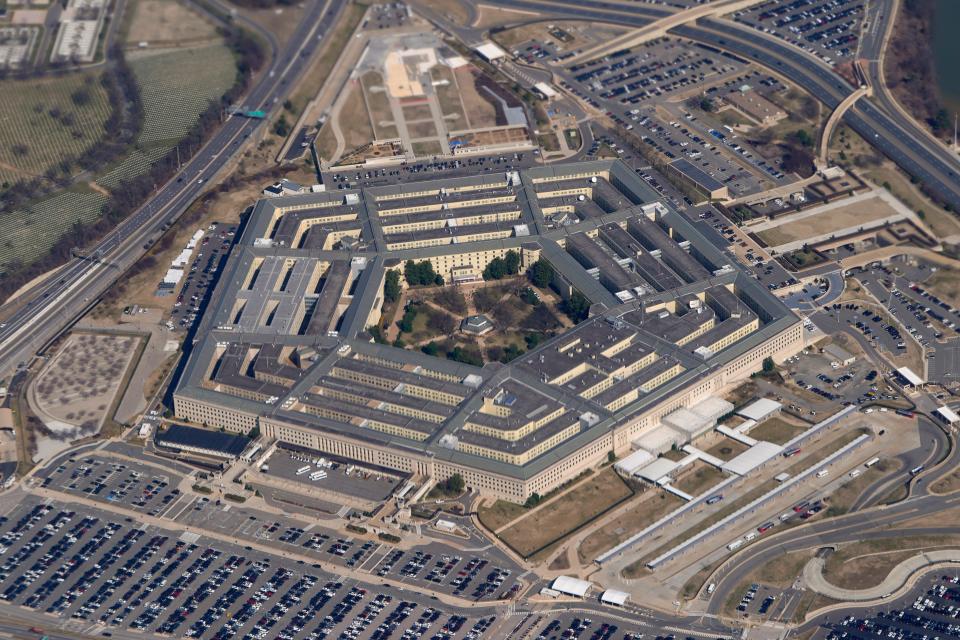 FILE - The Pentagon is seen from Air Force One as it flies over Washington, March 2, 2022. (AP Photo/Patrick Semansky, File)