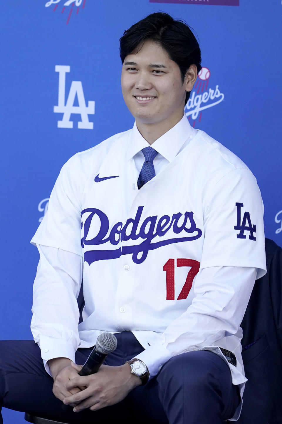 Los Angeles Dodgers' Shohei Ohtani speaks during a baseball news conference at Dodger Stadium Thursday, Dec. 14, 2023, in Los Angeles. (AP Photo/Marcio Jose Sanchez)