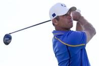 Team Europe's Paul Casey hits on the 11th hole during a four-ball match the Ryder Cup at the Whistling Straits Golf Course Friday, Sept. 24, 2021, in Sheboygan, Wis. (AP Photo/Ashley Landis)