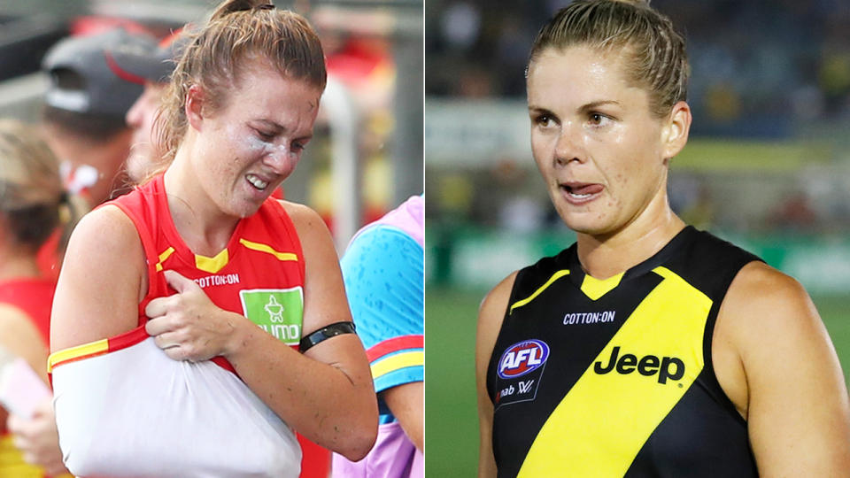 After going off in the first half with a shoulder injury, Gold Coast Suns star Jamie Stanton was targeted in the second half by Richmond captain Katie Brennan. Pictures: Getty Images