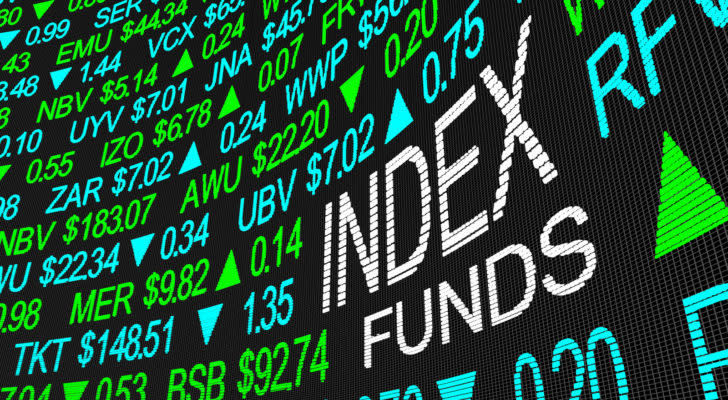 an LED display of stock tickers has big white letters spelling Index Funds to buy