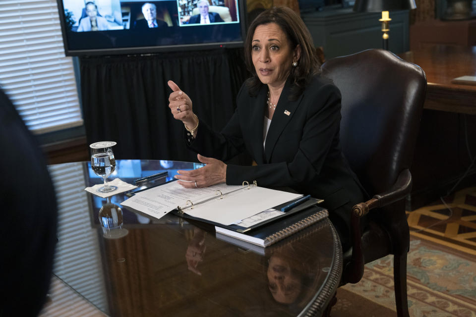 Vice President Kamala Harris attends a meeting with business CEO's about economic development in the Northern Triangle, Thursday, May 27, 2021, from her ceremonial office on the White House complex in Washington. (AP Photo/Jacquelyn Martin)