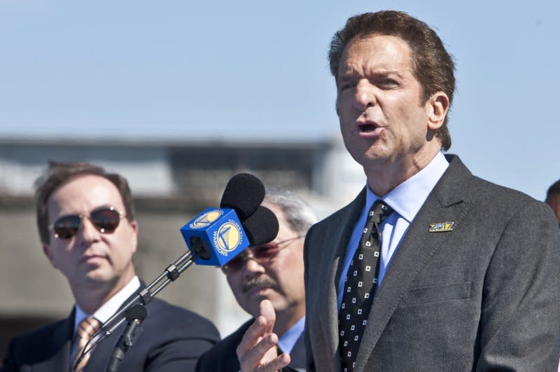 Golden State Warriors Co-Executive Chairman Peter Guber (R) and Majority Owner Joe Lacob (L) announced Monday that the 2025 NBA All-Star Game will held be at Chase Center in San Francisco, which opened in 2019. File Photo by Terry Schmitt/UPI