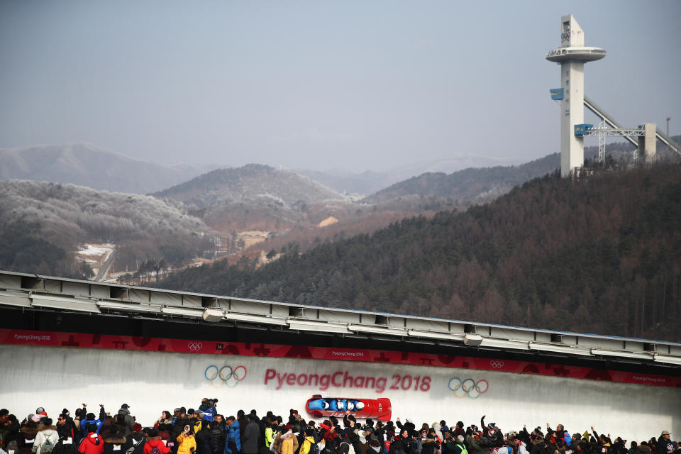 <p>Simone Bertazzo, Simone Fontana, Francesco Costa and Lorenzo Bilotti of Italy make a run during the 4-man Boblseigh Heats on day sixteen of the PyeongChang 2018 Winter Olympic Games at Olympic Sliding Centre on February 25, 2018 in Pyeongchang-gun, South Korea. (Photo by Clive Mason/Getty Images) </p>