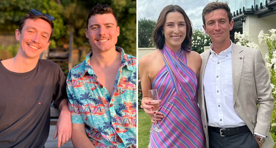 Left, Mitch East and Angus smile sitting beside one another. Right, Mitch smiles with a woman holding a glass of wine. 