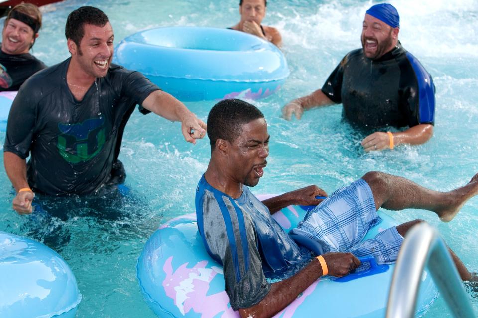 GROWN UPS, from left: David Spade, Adam Sandler, Chris Rock (front), Rob Schneider, Kevin James, 2010. ©Columbia Pictures/Courtesy Everett Collection