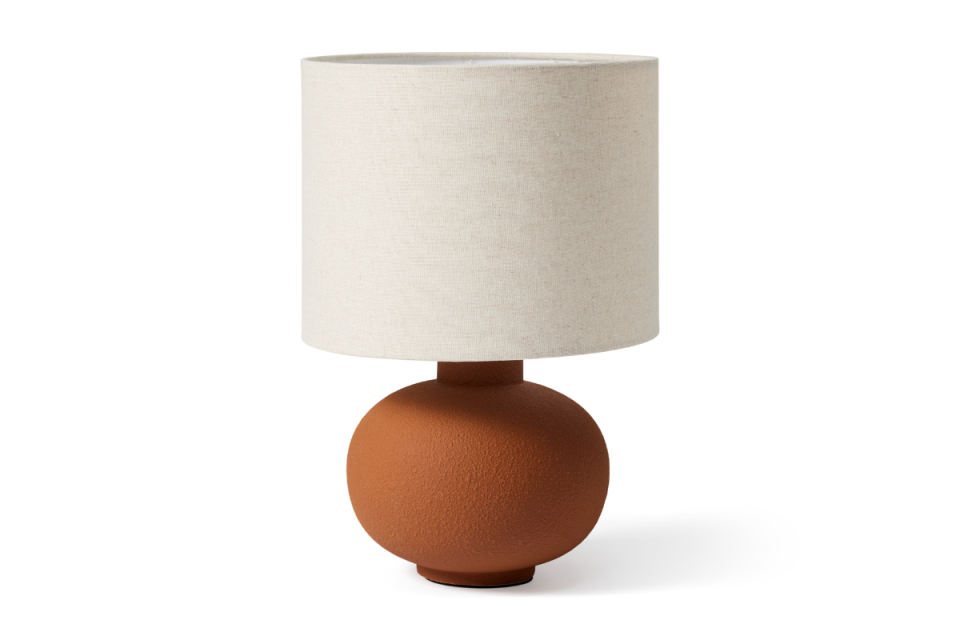 BIG W mirabella tara terracotta and linen lamp on a white background