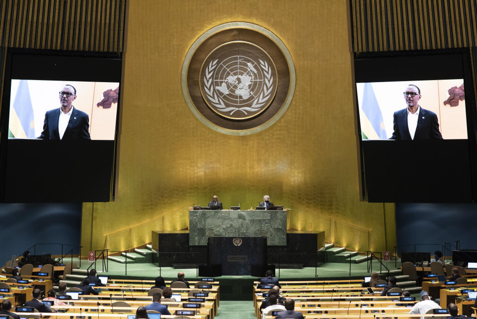 In this photo provided by the United Nations, Rwanda President Paul Kagame's pre-recorded message is played during the 75th session of the United Nations General Assembly, Tuesday, Sept. 22, 2020, at U.N. headquarters in New York. The U.N.'s first virtual meeting of world leaders started Tuesday with pre-recorded speeches from some of the planet's biggest powers, kept at home by the coronavirus pandemic that will likely be a dominant theme at their video gathering this year. (Evan Schneider/UN Photo via AP)