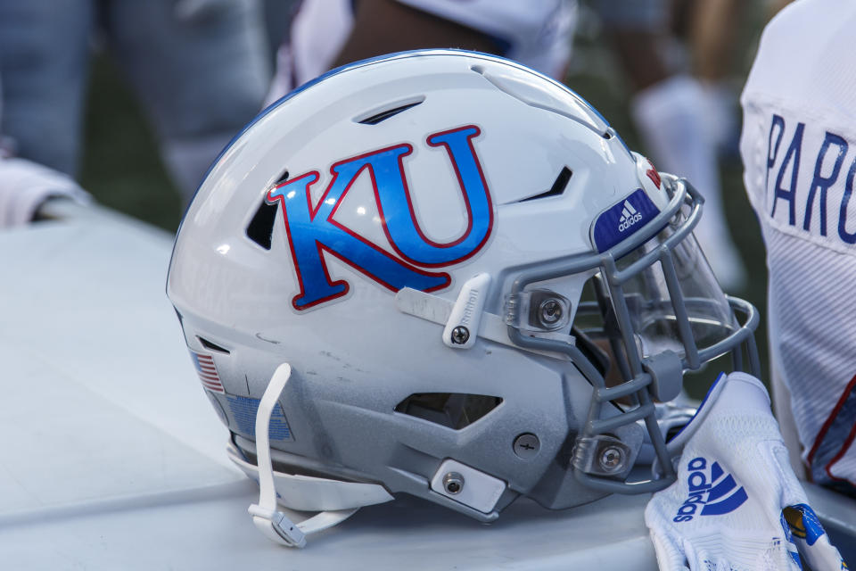 AUSTIN, TX - OCTOBER 19: Kansa Jayhawks helmet on the sidelines during the NCAA football game between Kansas Jayhawks and the Texas Longhorns held October 19, 2019 at the Darrell K Royal-Texas Memorial Stadium in Austin TX. (Photo by Allan Hamilton/Icon Sportswire via Getty Images)