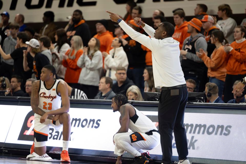 Oklahoma State head coach Mike Boynton reacts on the sideline in the second half of the NCAA college basketball game against BYU, Saturday, Feb. 17, 2024, in Stillwater, Okla. (AP Photo/Mitch Alcala)