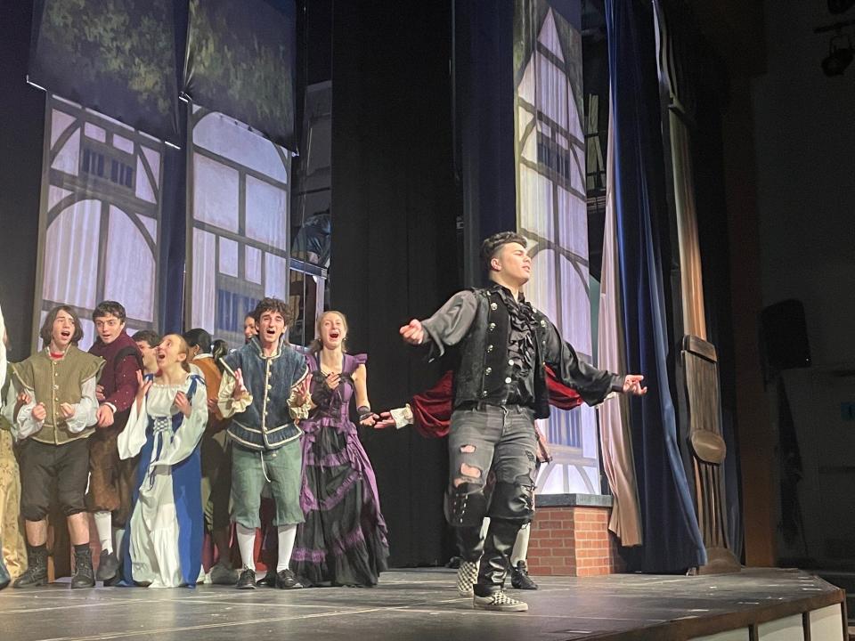 Kyle Grindstaff as William Shakespeare and his adoring fans in Blind Brook High School's production of "Something Rotten!" At 7 p.m., March 9, 10, 11.  $18; $15 seniors and children under 12. At www.showtix4u.com.