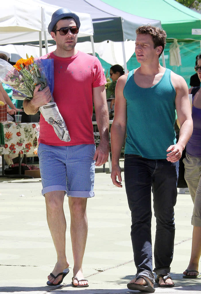 Zachary Quinto and boyfriend Jonathan Groff buy flowers together at a farmers market in Los Angeles