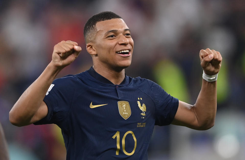 DOHA, QATAR - NOVEMBER 26: France striker Kylian Mbappe celebrates after the final whistle after the FIFA World Cup Qatar 2022 Group D match between France and Denmark at Stadium 974 on November 26, 2022 in Doha, Qatar. (Photo by Stu Forster/Getty Images)