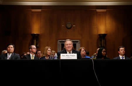 CIA Director Mike Pompeo testifies before a Senate Foreign Relations Committee confirmation hearing on Pompeo's nomination to be secretary of state on Capitol Hill in Washington, U.S., April 12, 2018. REUTERS/Leah Millis