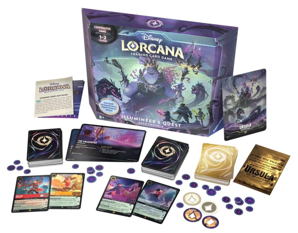 The board game box and pieces from Disney Lorcana: Illumineer's Quest "Deep Trouble"
