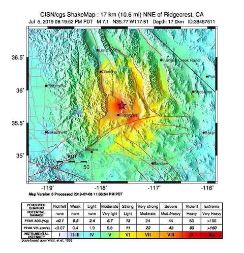 US Geological Survey (USGS) image shows a shake map of the 7.1-magnitude earthquake that hit near Ridgecrest, California, USA - Credit: USGS HANDOUT/EPA-EFE/REX