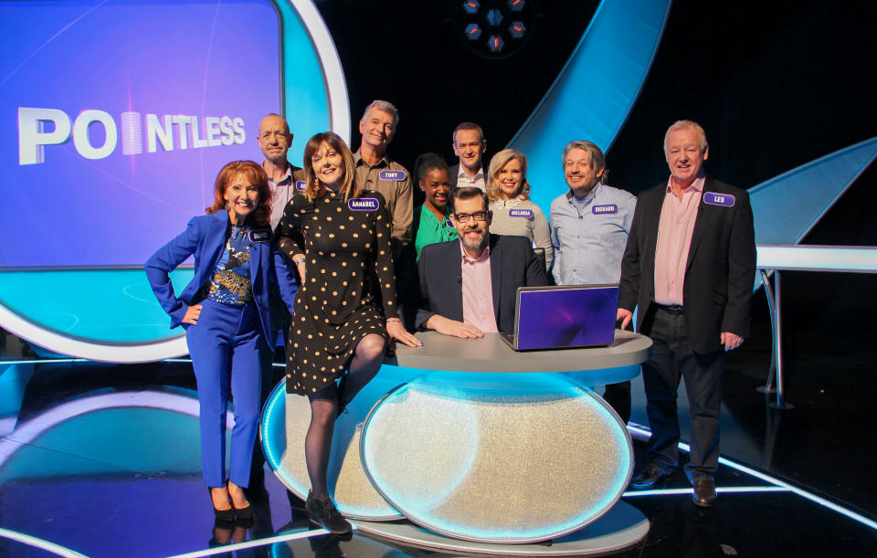 Pointless Celebrities stars Bonnie Langford, Arthur Smith, Annabel Giles, Tony Hawks, Diane-Louise Jordan, Richard Osman, Alexander Armstrong, Melinda Messenger, Richard Herring, Les Dennis. (BBC/Endemol Shine UK Ltd t/a Remarkable Television Production/Sam Shepherd)