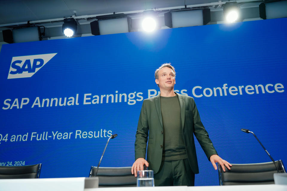 24 January 2024, Baden-Württemberg, Walldorf: Christian Klein, CEO of the software group SAP, during the annual press conference. Europe's largest software manufacturer SAP is today announcing its figures for the past financial year. Photo: Uwe Anspach/dpa (Photo by Uwe Anspach/picture alliance via Getty Images)