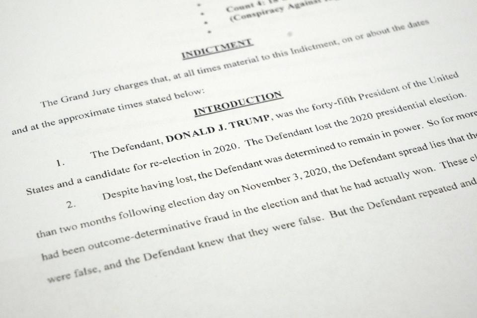 A detail photo of the indictment of former President Donald Trump on four charges in the United States District Court for the District of Columbia in relation to interference in 2020 election. Trump was charged with Conspiracy to Defraud the United States, Conspiracy to Obstruct an Official Proceeding, Obstruction of and attempt to Obstruct an Official Proceeding, and Conspiracy Against Rights.