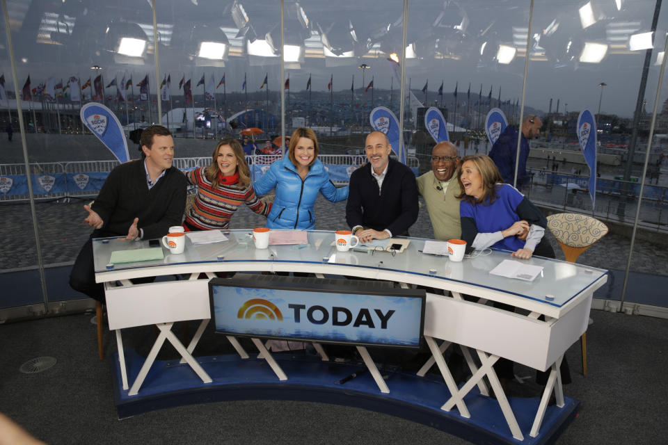 TODAY -- Pictured: (l-r) Willie Geist, Natalie Morales, Savannah Guthrie, Matt Lauer, Al Roker, Meredith Vieira  from the 2014 Olympics in Socci -- (Photo by: Joe Scarnici/NBC/NBC Newswire/NBCUniversal via Getty Images)