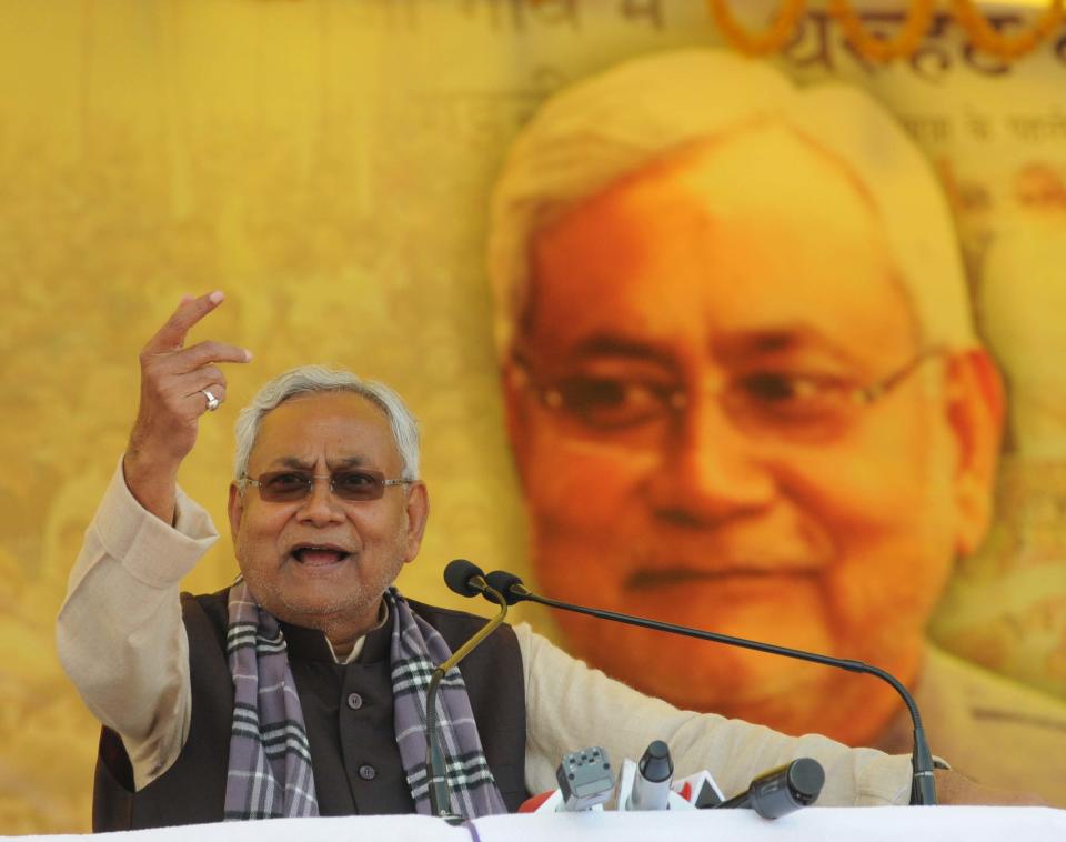 <p>Bihar Chief Minister Nitish Kumar addressing public rally after launching several development projects during ‘Samiksha Yatra’ at Patilar, Bagaha on December 12, 2017 from West Champaran, India. (Photo by A P Dube/Hindustan Times via Getty Images) </p>