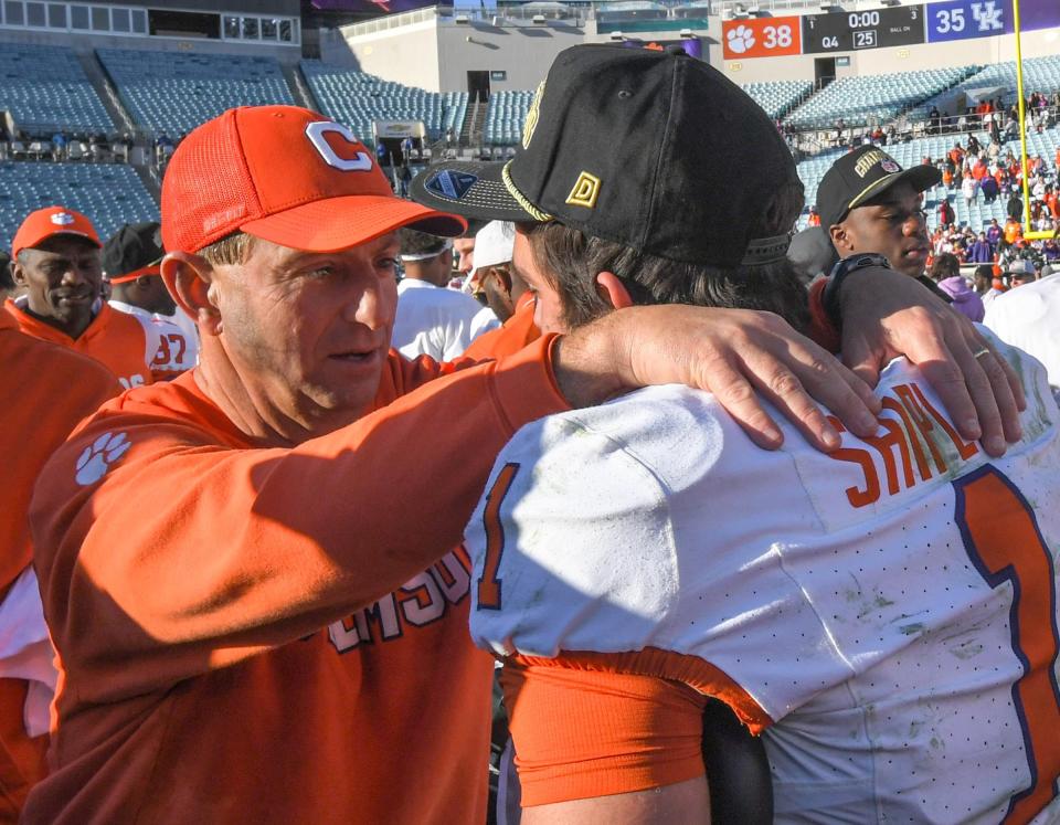 Clemson head coach Dabo Swinney talks with running back Will Shipley (1) after the TaxSlayer Gator Bowl at EverBank Stadium in Jacksonville, Florida, Friday, December 29, 2023. Clemson won 38-35.