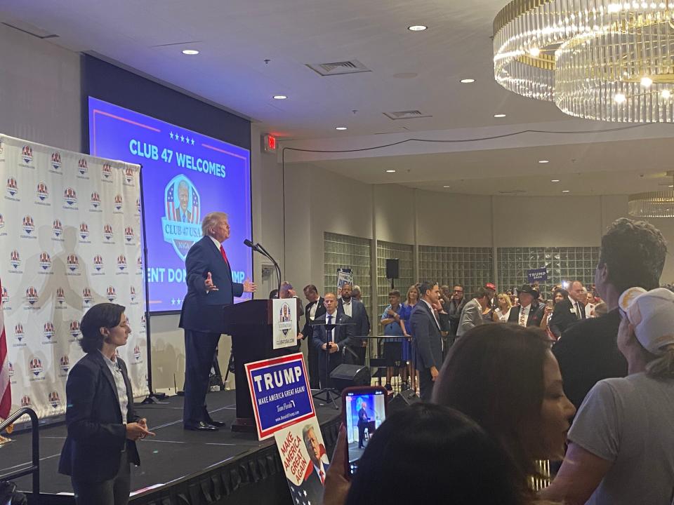 Former President Donald Trump speaks to supporters in West Palm Beach on Feb. 20, 2023.