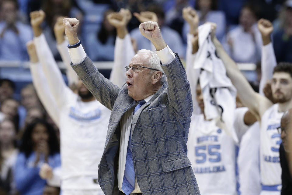 North Carolina head coach Roy Williams reacts during the second half of an NCAA college basketball game against Boston College in Chapel Hill, N.C., Saturday, Feb. 1, 2020. (AP Photo/Gerry Broome)