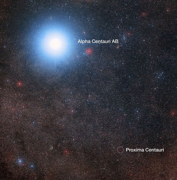 This image of the sky around the bright star Alpha Centauri AB also shows the much fainter red dwarf star, Proxima Centauri.