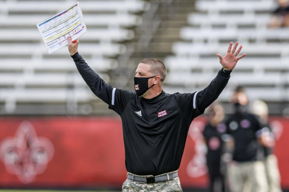 Louisiana-Lafayette head coach Billy Napier argues a called during an NCAA college football game against South Alabama in Lafayette, La., Saturday, Nov. 14, 2020. (AP Photo/Matthew Hinton)