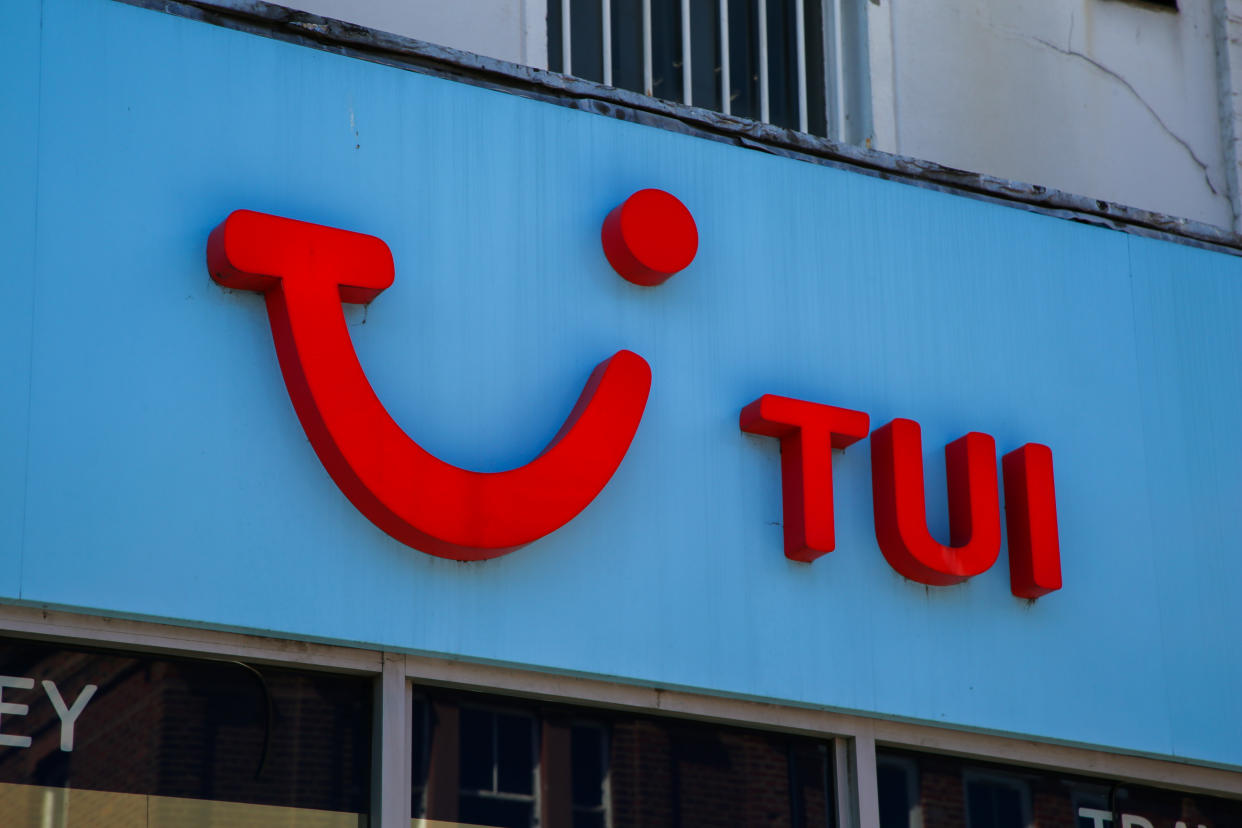 LONDON, UNITED KINGDOM - 2020/07/30: View of TUI store logo. TUI stores are reopening some shops, it has announced. It will mean the travel agent will be able to help customers with any questions they may have about existing bookings and future holidays. It will also give people the opportunity to talk to staff face-to-face and try and resolve any issues. (Photo by Dinendra Haria/SOPA Images/LightRocket via Getty Images)