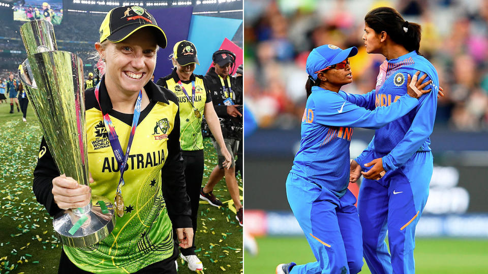 Pictured left, Alyssa Healy says India's players sledged her after claiming the opener's wicket.