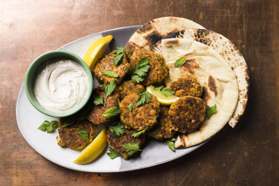 This image released by Milk Street shows a recipe for chickpea and feta meatballs. (Milk Street via AP)