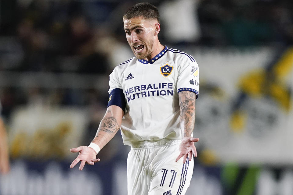 LA Galaxy midfielder Tyler Boyd reacts during the second half of the team's MLS soccer match against Real Salt Lake on Saturday, Oct. 14, 2023, in Carson, Calif. (AP Photo/Ryan Sun)
