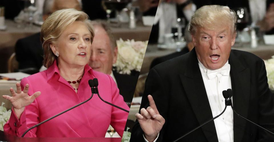 Hillary Clinton and Donald Trump speak at the 71st Annual Alfred E. Smith Memorial Foundation Dinner on Oct. 20, 2016, in New York. (Photos: Frank Franklin II/AP)