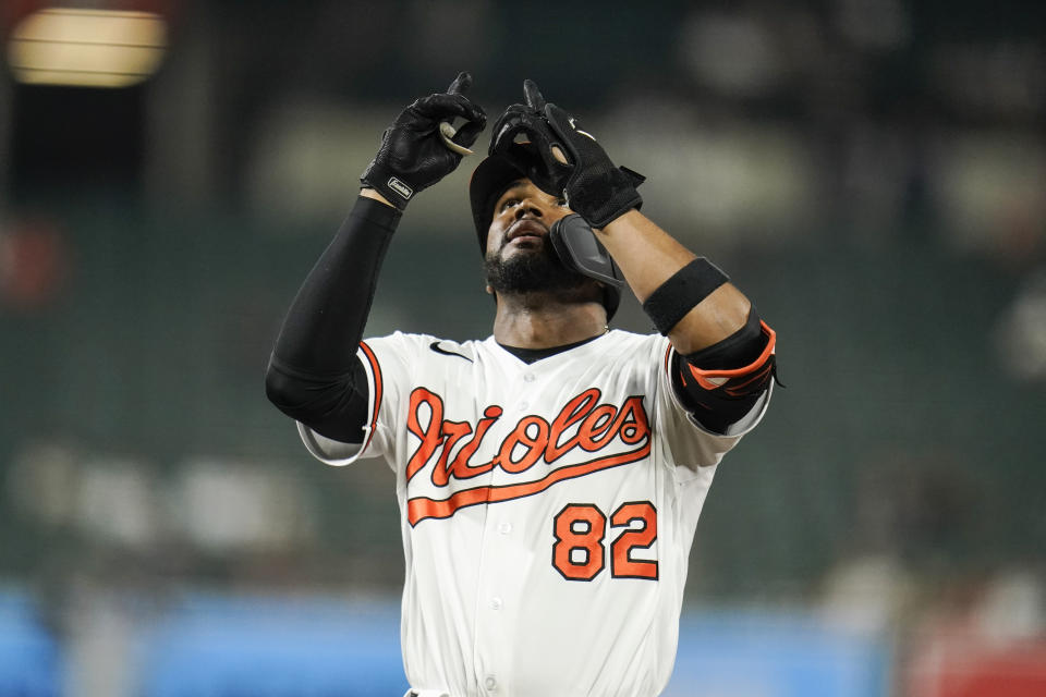 Baltimore Orioles' Kelvin Gutierrez gestures after hitittng an RBI single to score Austin Wynns during the ninth inning of a baseball game against the New York Yankees, Tuesday, Sept. 14, 2021, in Baltimore. (AP Photo/Julio Cortez)