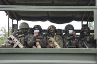 Kenya army soldiers patrol around Nairobi, Kenya Thursday, June 27, 2024. Heavy security was deployed Thursday in Kenya's capital Nairobi ahead of planned protests against a controversial finance bill, despite the president's decision not to sign it after the plans sparked deadly chaos in the capital Tuesday and saw protesters storming and burning part of the parliament building. (AP Photo/Brian Inganga)