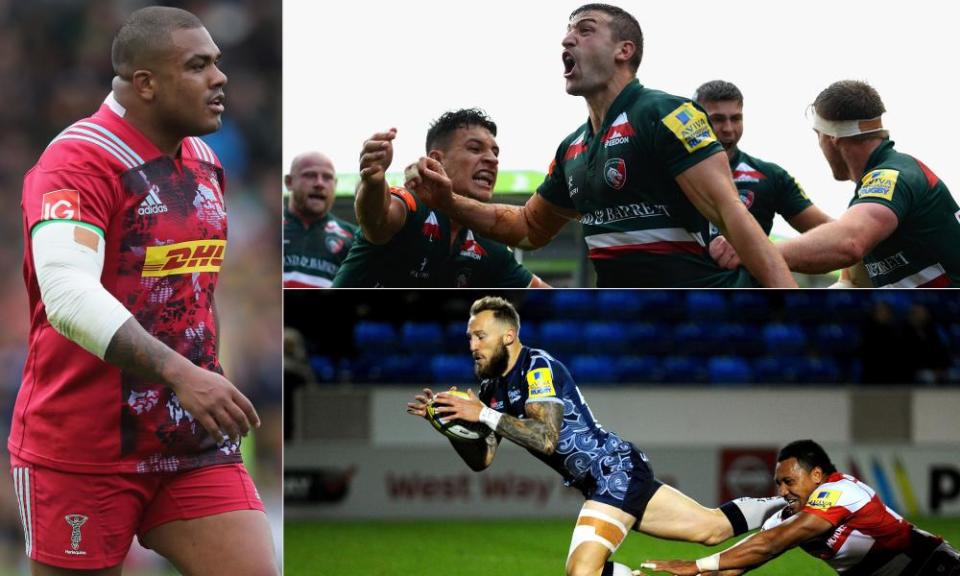 Clockwise from the left: Kyle Sinckler, Jonny May and Leicester celebrate and Sale’s Byron McGuigan scores.