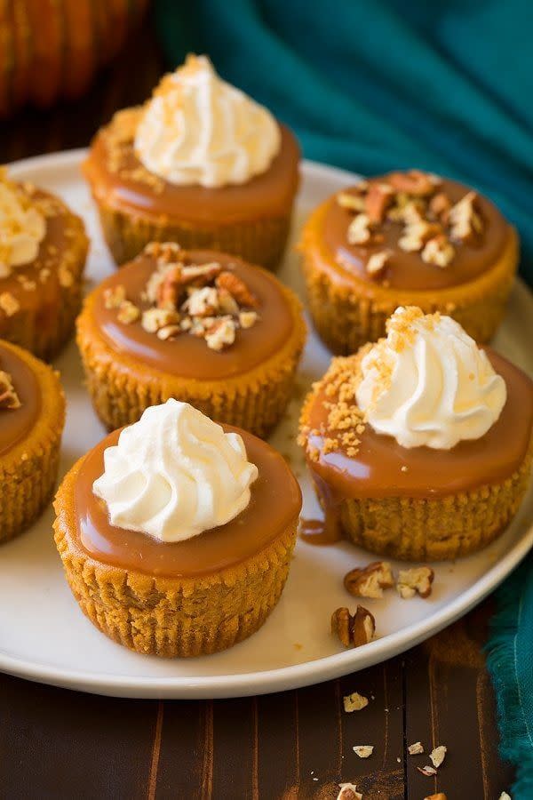 Pumpkin Cheesecake Cupcakes with Salted Caramel Sauce