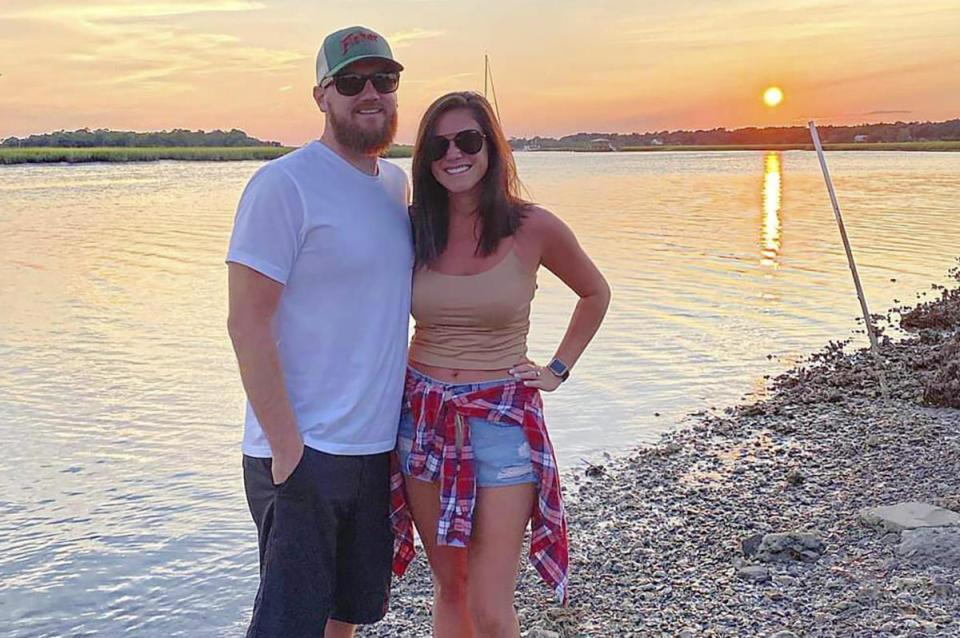 This undated photo shows Samantha Miller and her groom-to-be Aric Hutchinson.  Authorities say Miller, a bride leaving her wedding reception was killed when a woman driving under the influence and well over twice the speed limit slammed into the back of a golf cart on a South Carolina beach road, Friday, April 28, 2023.  / Credit: / AP