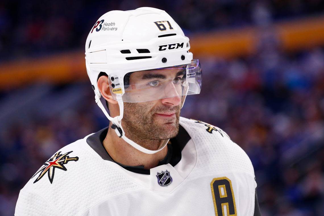 Vegas Golden Knights left wing Max Pacioretty (67) looks on during the second period of an NHL hockey game against the Buffalo Sabres, Thursday, March 10, 2022, in Buffalo, N.Y. (AP Photo/Jeffrey T. Barnes)